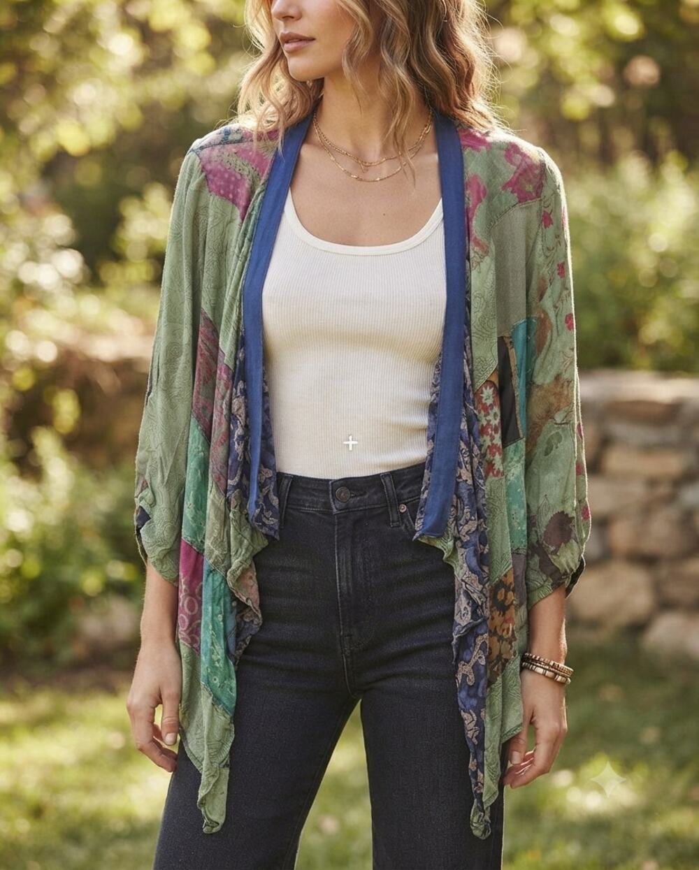 Young Threads Patchwork Boho Open Front Cardigan Kimono Basil Green Viscose M